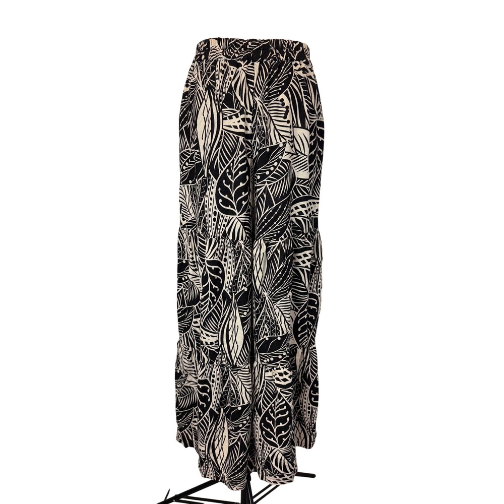 Rich Famous Large Black White Tropical Print Wide Leg Tiered Linen Palazzo Pants